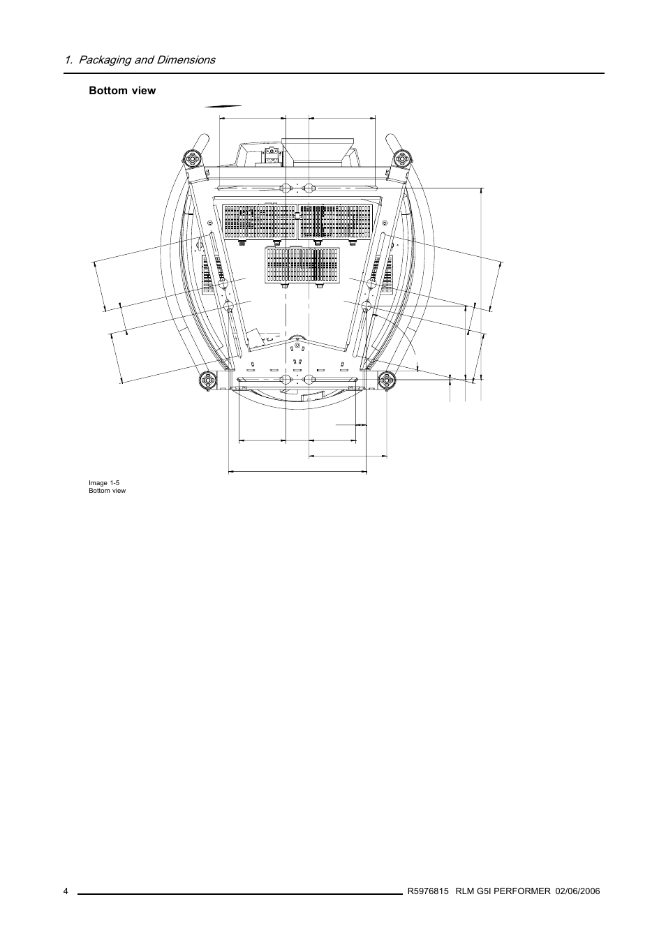 Packaging and dimensions, Bottom view | Barco RLM G5I PERFORMER R9010320 User Manual | Page 6 / 150