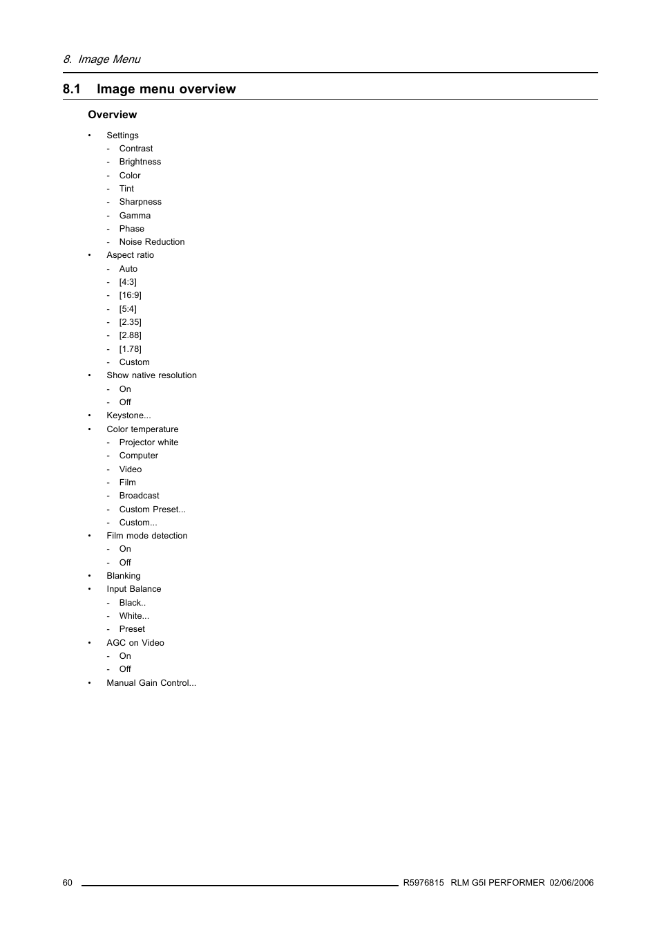 1 image menu overview, Image menu overview | Barco RLM G5I PERFORMER R9010320 User Manual | Page 62 / 150