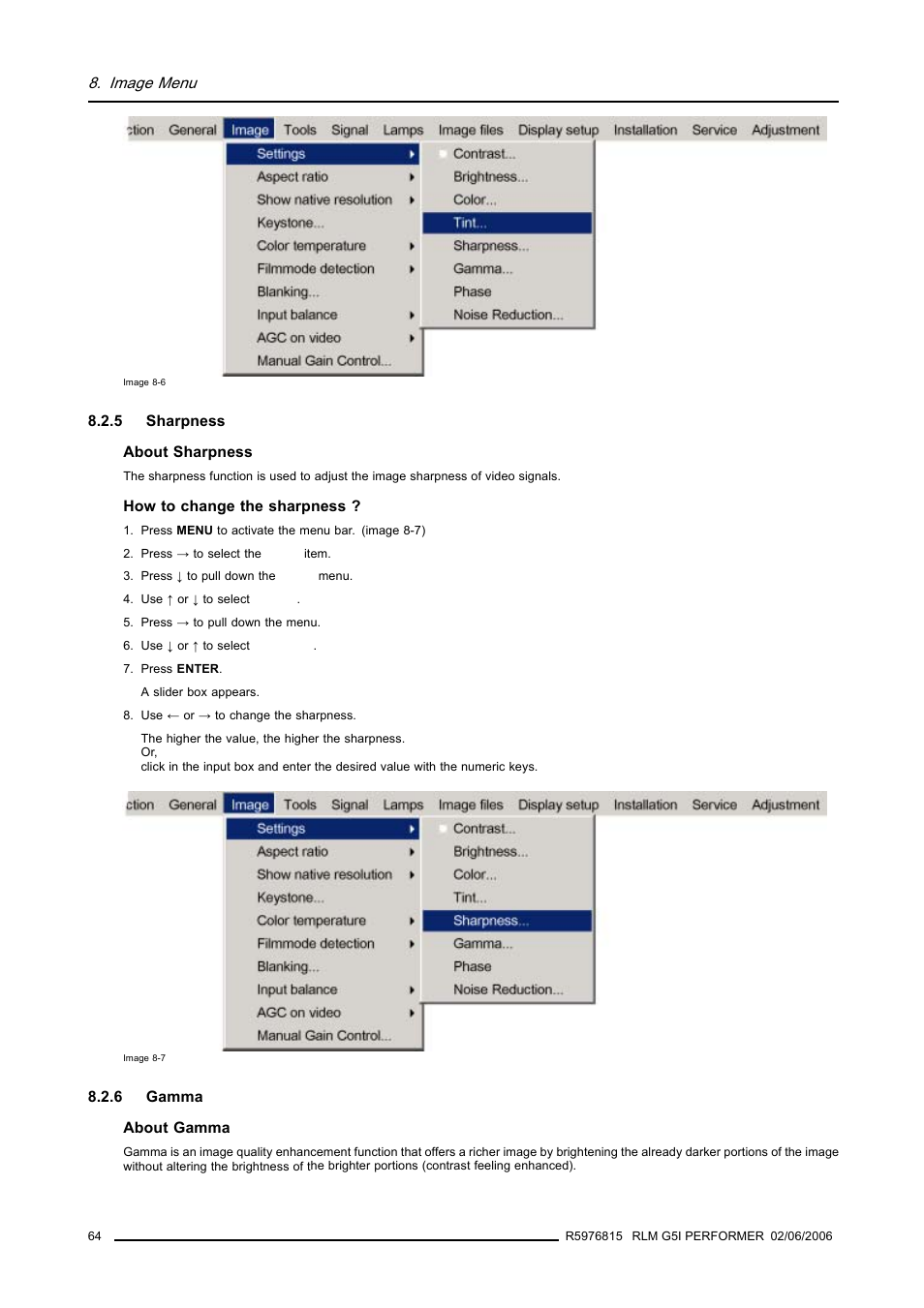 5 sharpness, 6 gamma, Sharpness | Gamma | Barco RLM G5I PERFORMER R9010320 User Manual | Page 66 / 150