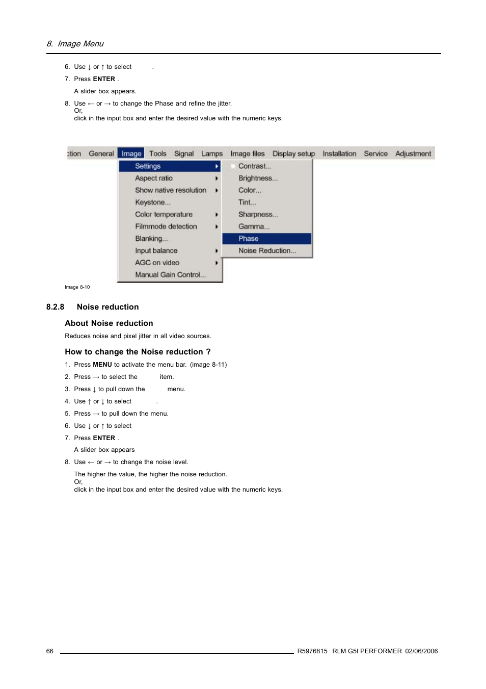 8 noise reduction, Noise reduction, Image menu | Barco RLM G5I PERFORMER R9010320 User Manual | Page 68 / 150