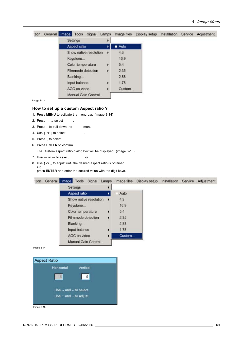 Image menu | Barco RLM G5I PERFORMER R9010320 User Manual | Page 71 / 150