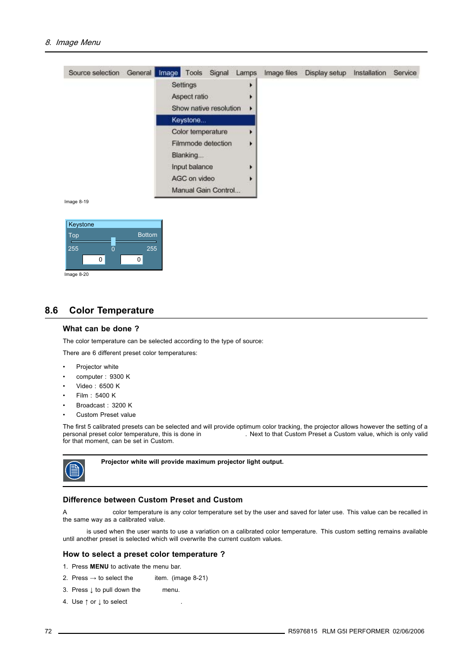 6 color temperature, Color temperature, Image menu | Barco RLM G5I PERFORMER R9010320 User Manual | Page 74 / 150