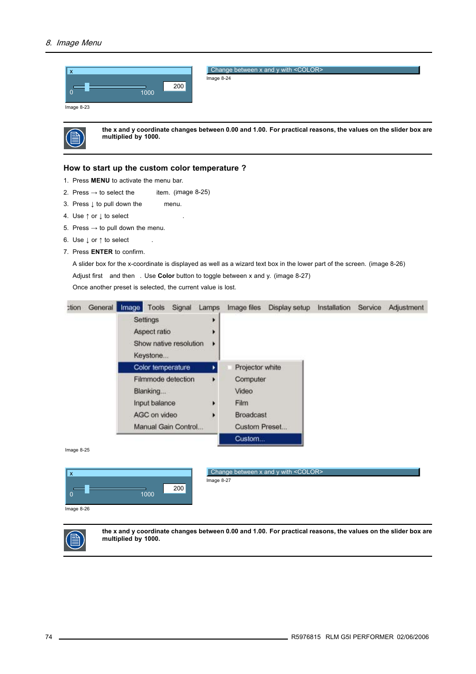 Image menu | Barco RLM G5I PERFORMER R9010320 User Manual | Page 76 / 150