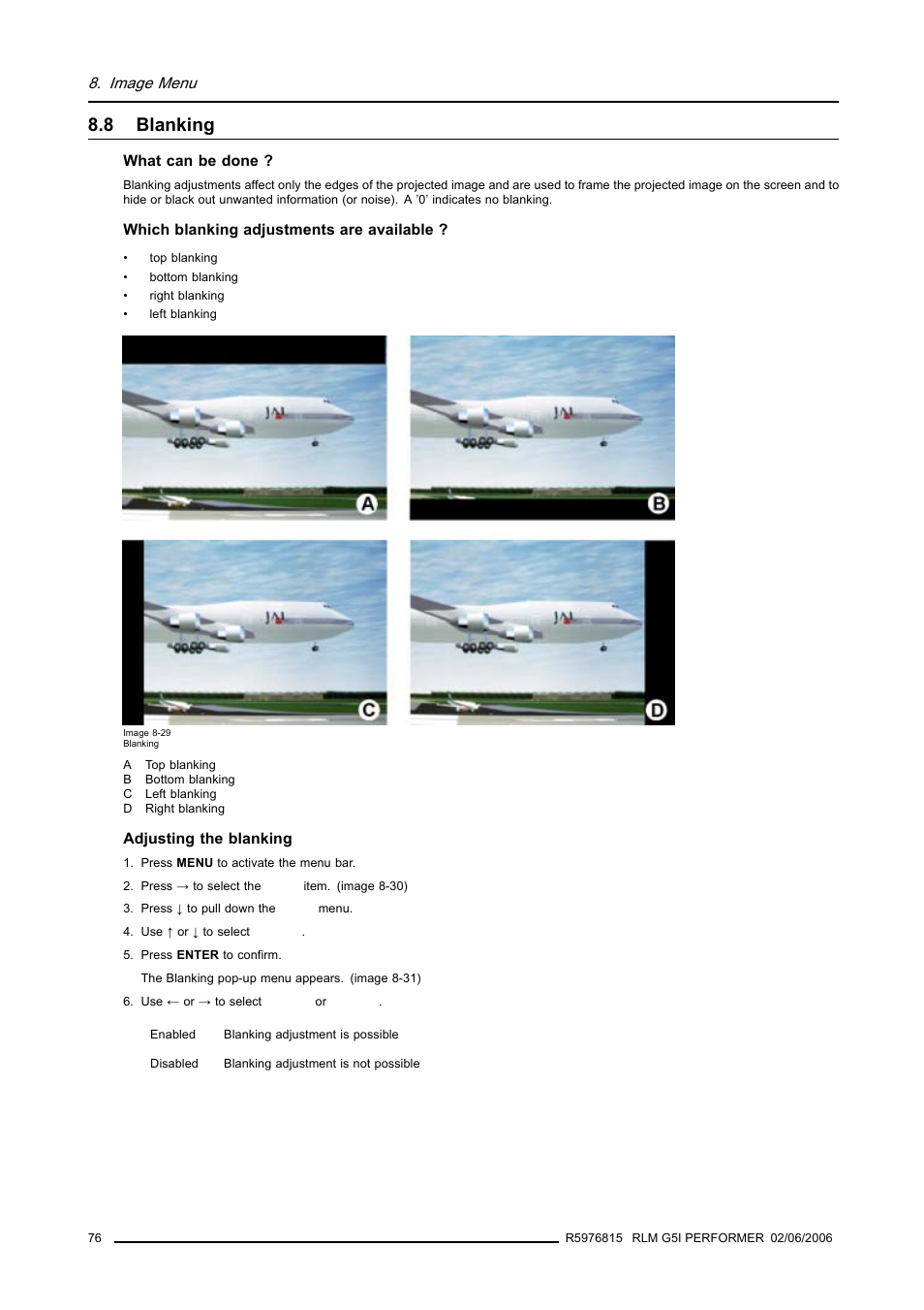 8 blanking, Blanking | Barco RLM G5I PERFORMER R9010320 User Manual | Page 78 / 150