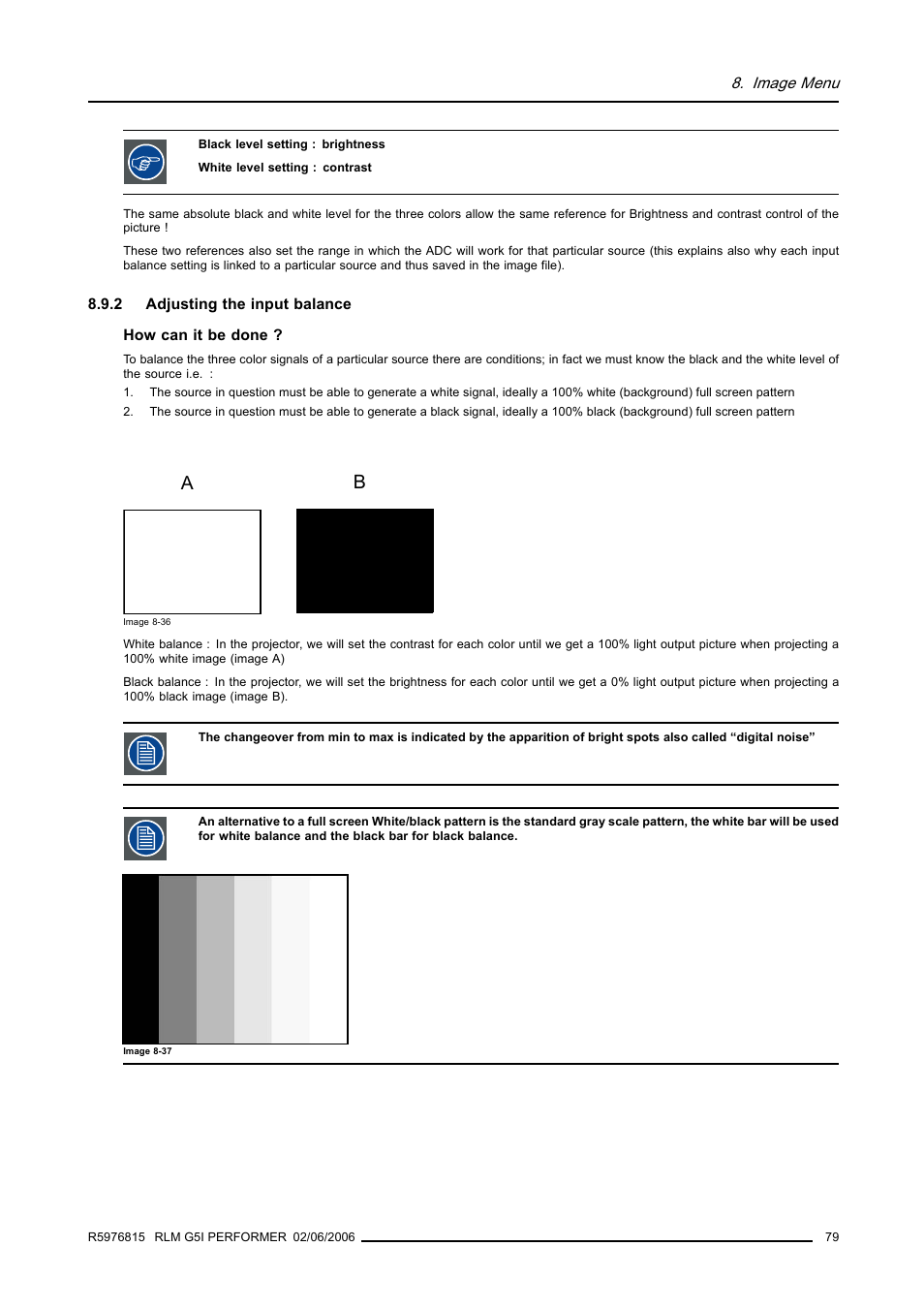 2 adjusting the input balance, Adjusting the input balance | Barco RLM G5I PERFORMER R9010320 User Manual | Page 81 / 150