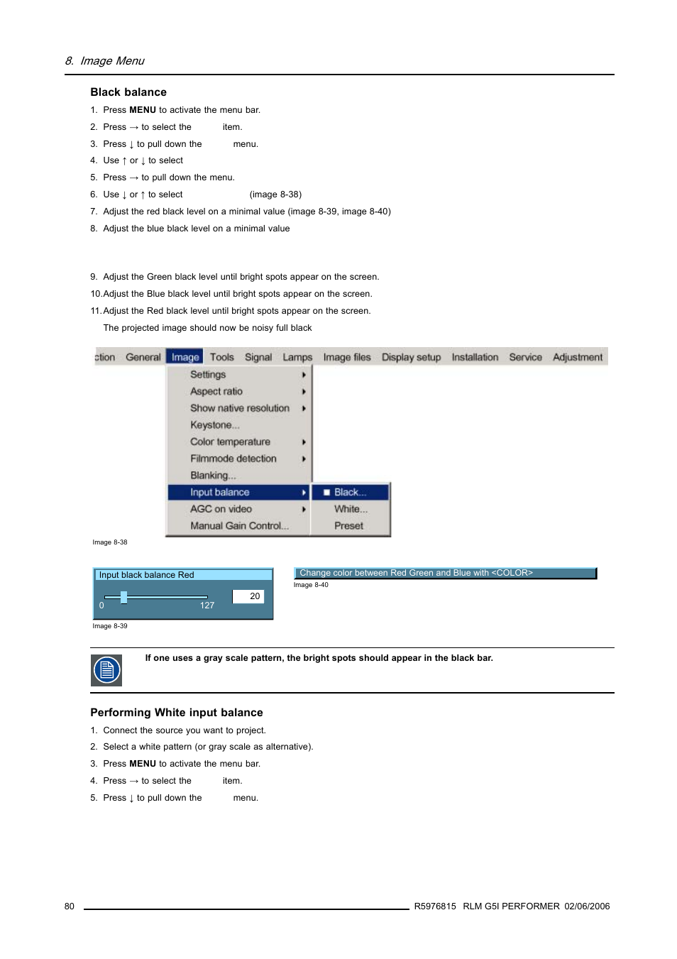 Image menu | Barco RLM G5I PERFORMER R9010320 User Manual | Page 82 / 150