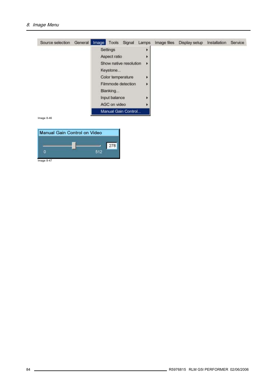 Image menu | Barco RLM G5I PERFORMER R9010320 User Manual | Page 86 / 150