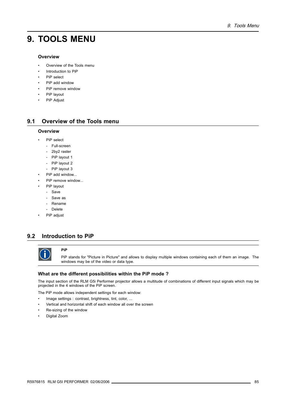 Tools menu, 1 overview of the tools menu, 2 introduction to pip | Barco RLM G5I PERFORMER R9010320 User Manual | Page 87 / 150