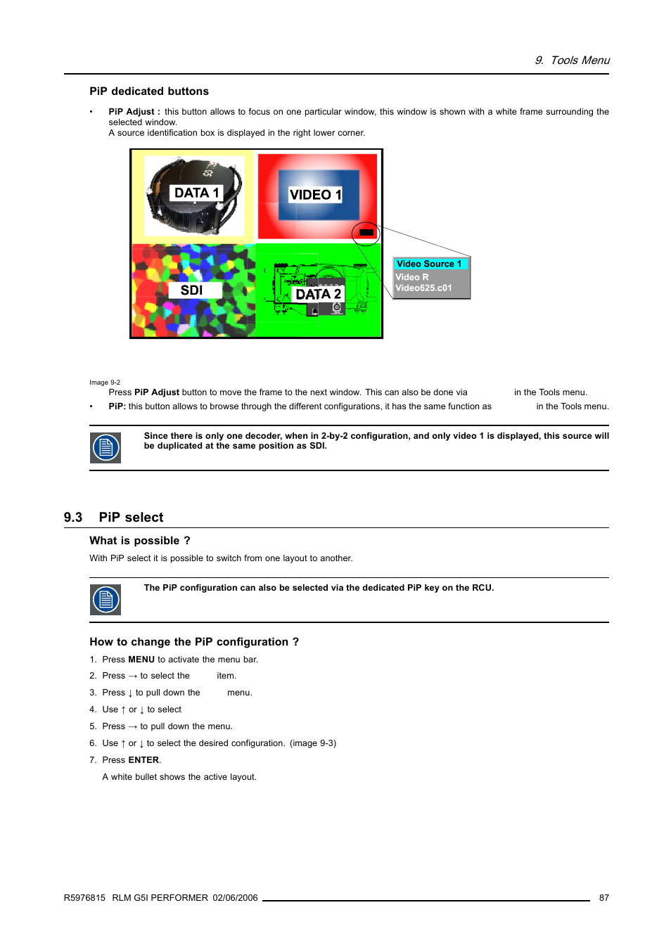 3 pip select, Pip select | Barco RLM G5I PERFORMER R9010320 User Manual | Page 89 / 150