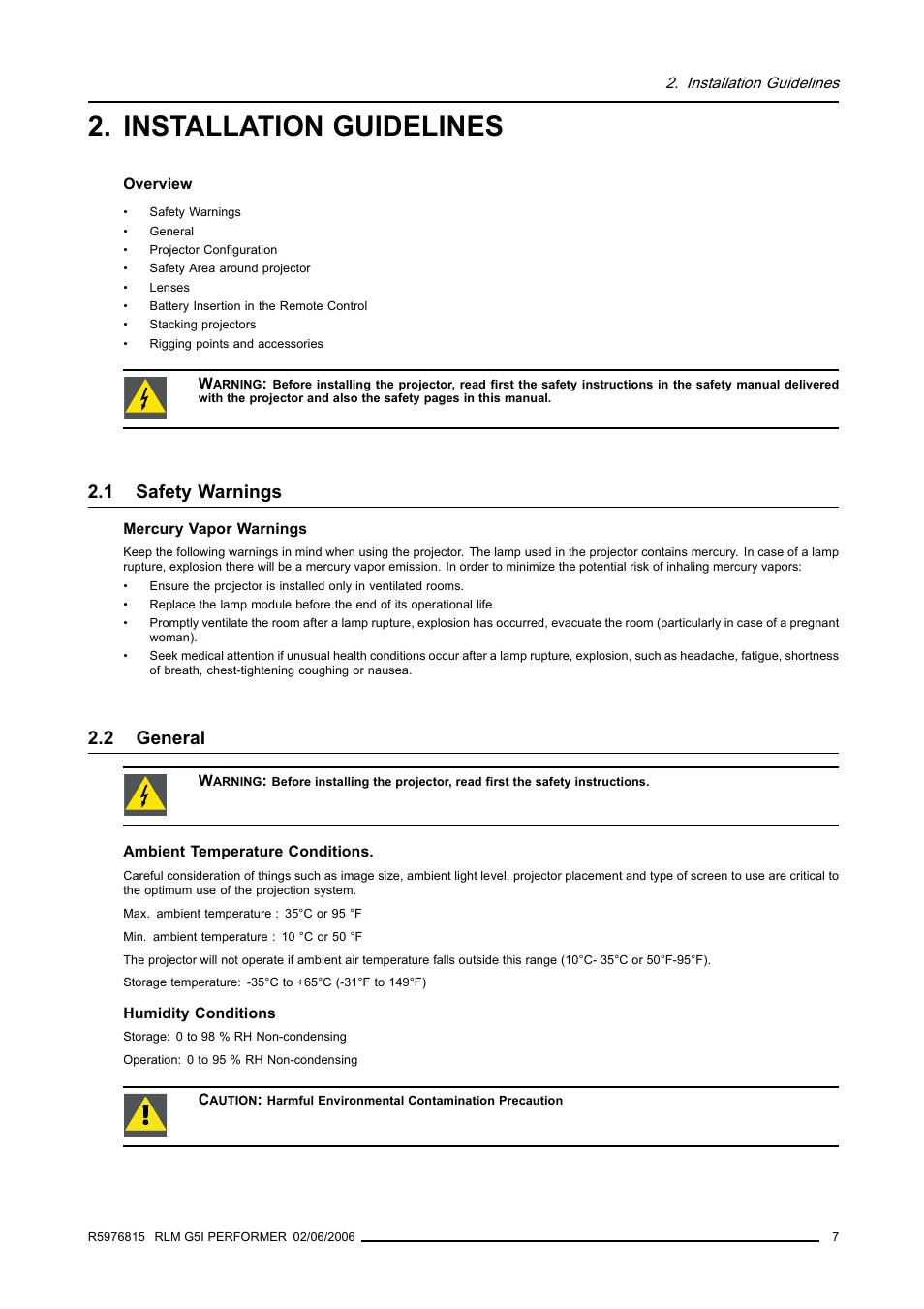 Installation guidelines, 1 safety warnings, 2 general | Barco RLM G5I PERFORMER R9010320 User Manual | Page 9 / 150
