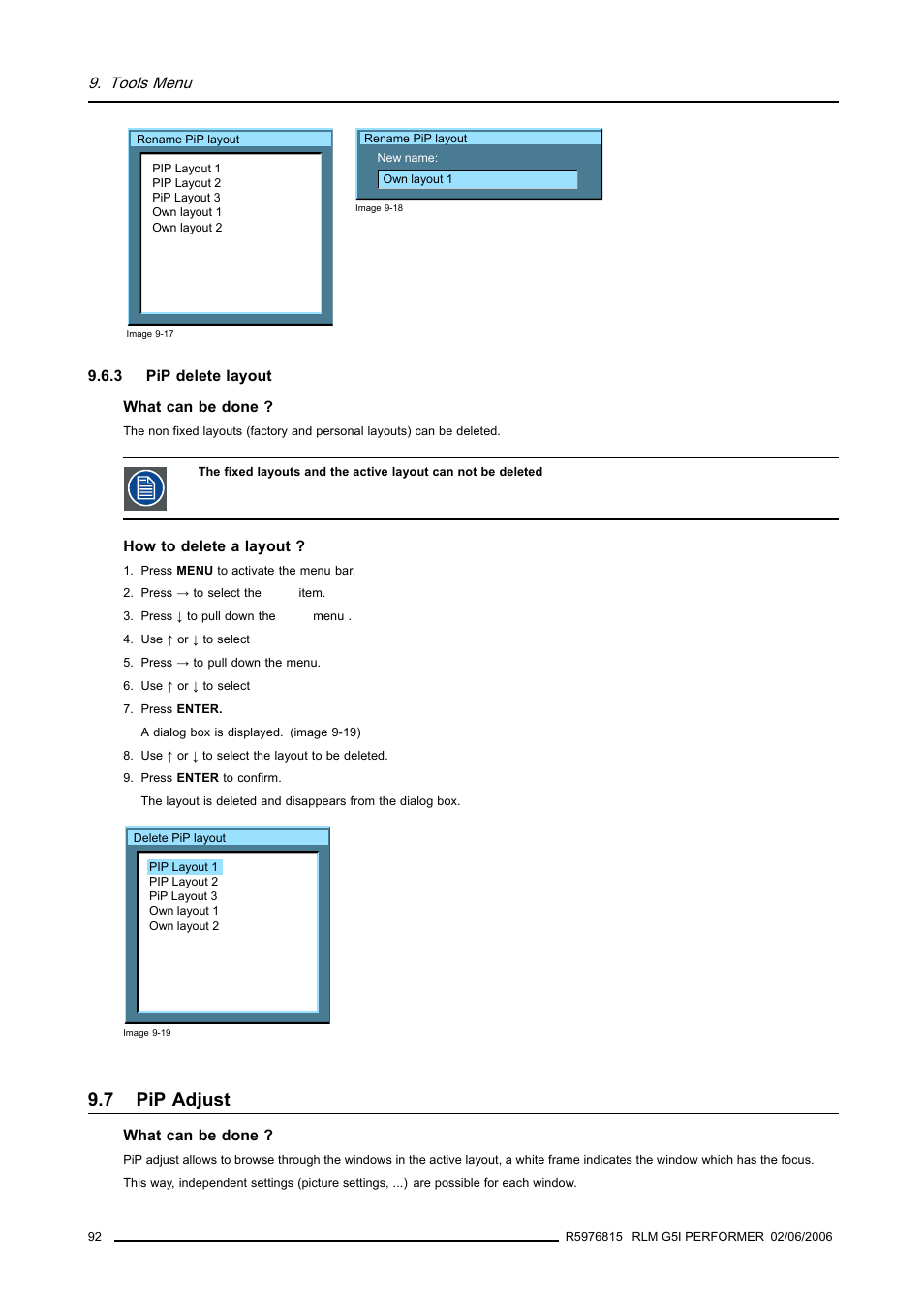3 pip delete layout, 7 pip adjust, Pip adjust | Pip delete layout | Barco RLM G5I PERFORMER R9010320 User Manual | Page 94 / 150