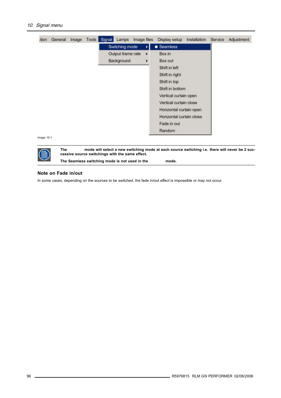 Image 10-1), Signal menu | Barco RLM G5I PERFORMER R9010320 User Manual | Page 98 / 150