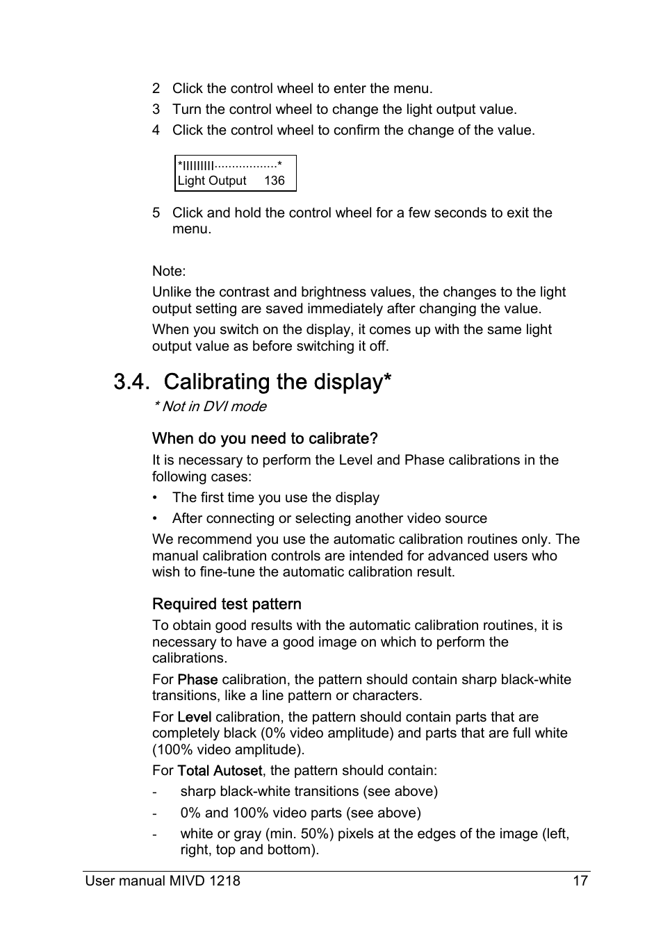 Calibrating the display | Barco MIVD 1218 User Manual | Page 17 / 31