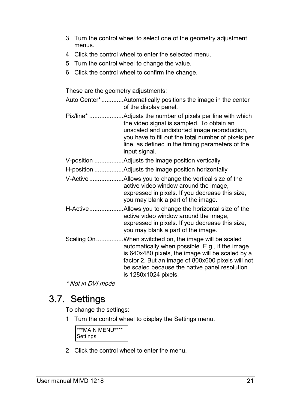Settings | Barco MIVD 1218 User Manual | Page 21 / 31