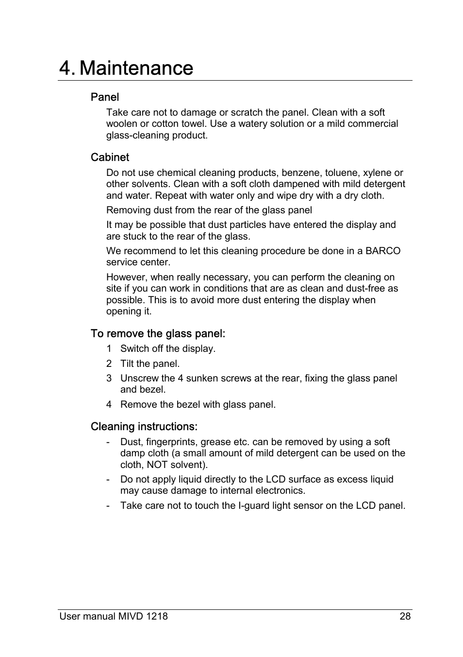 Maintenance | Barco MIVD 1218 User Manual | Page 28 / 31