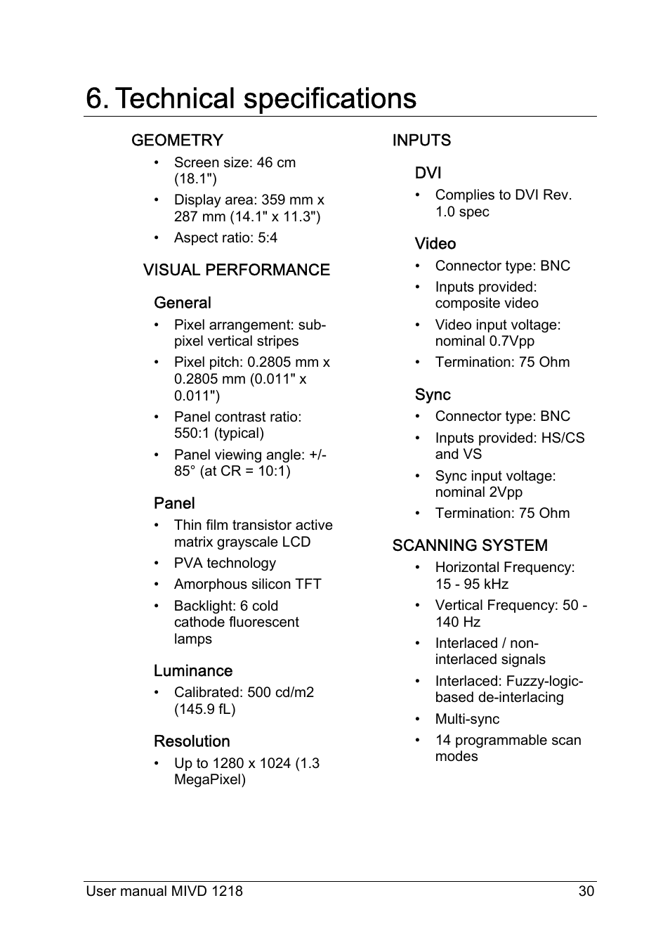 Technical specifications | Barco MIVD 1218 User Manual | Page 30 / 31