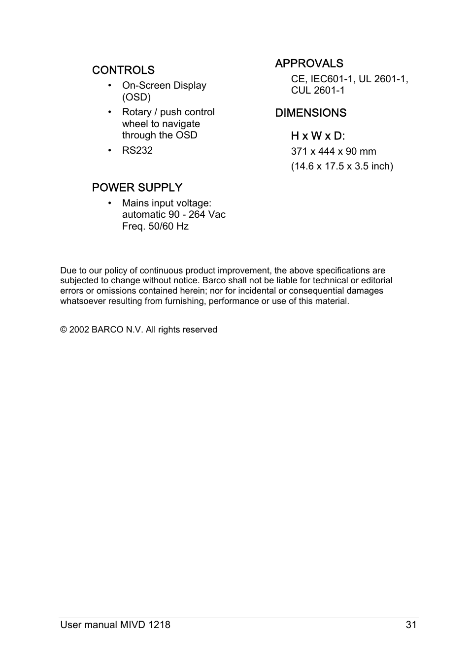 Barco MIVD 1218 User Manual | Page 31 / 31