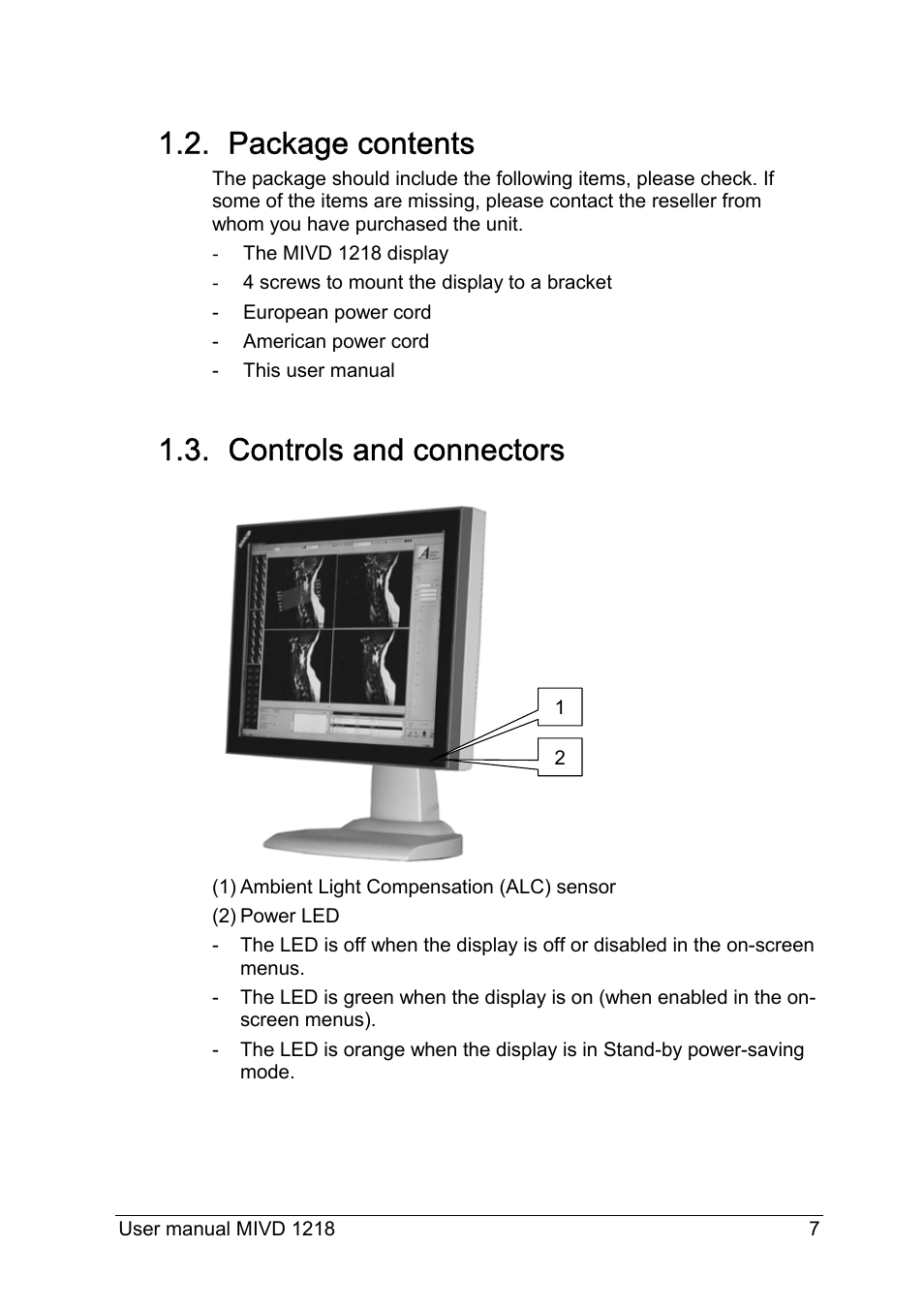 Package contents, Controls and connectors | Barco MIVD 1218 User Manual | Page 7 / 31