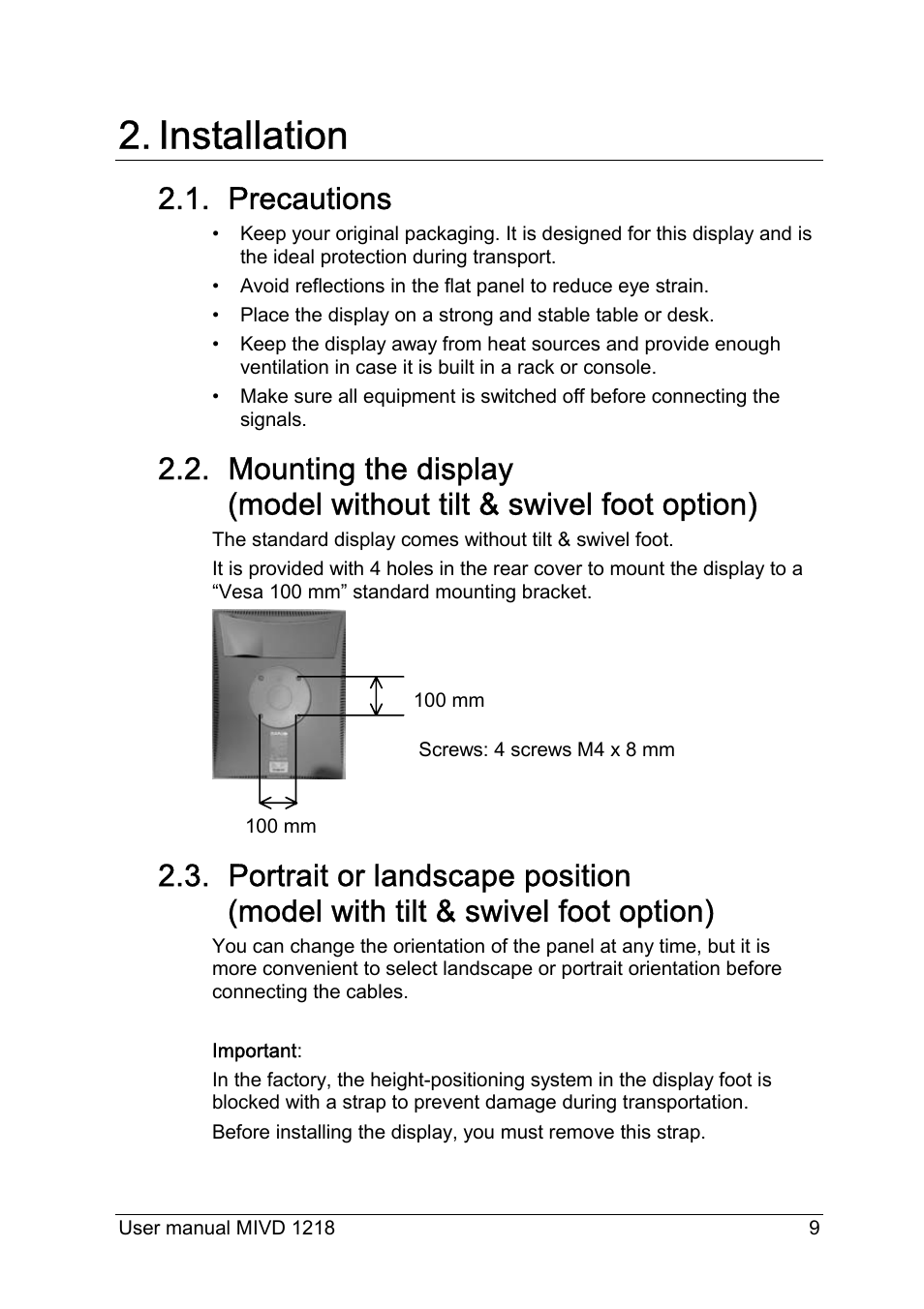 Installation, Precautions | Barco MIVD 1218 User Manual | Page 9 / 31
