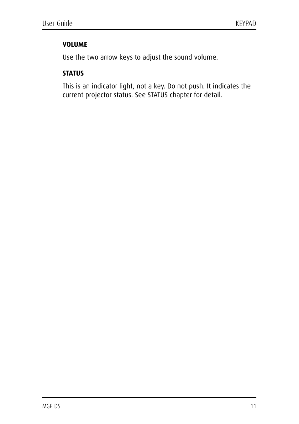 Volume, Use the two arrow keys to adjust the sound volume, Status | Barco MGP D5 User Manual | Page 11 / 54