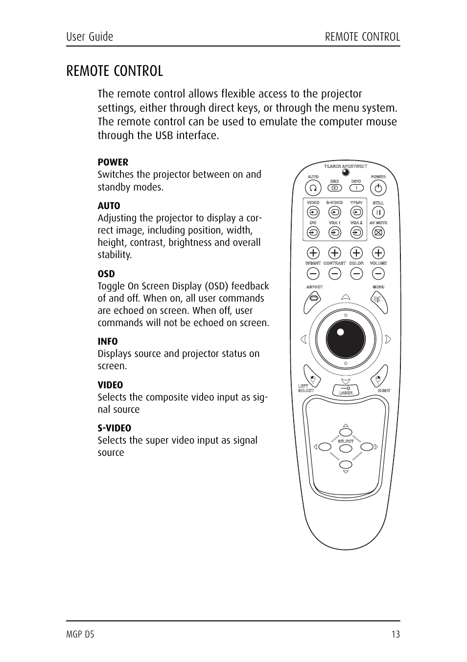 Remote control | Barco MGP D5 User Manual | Page 13 / 54