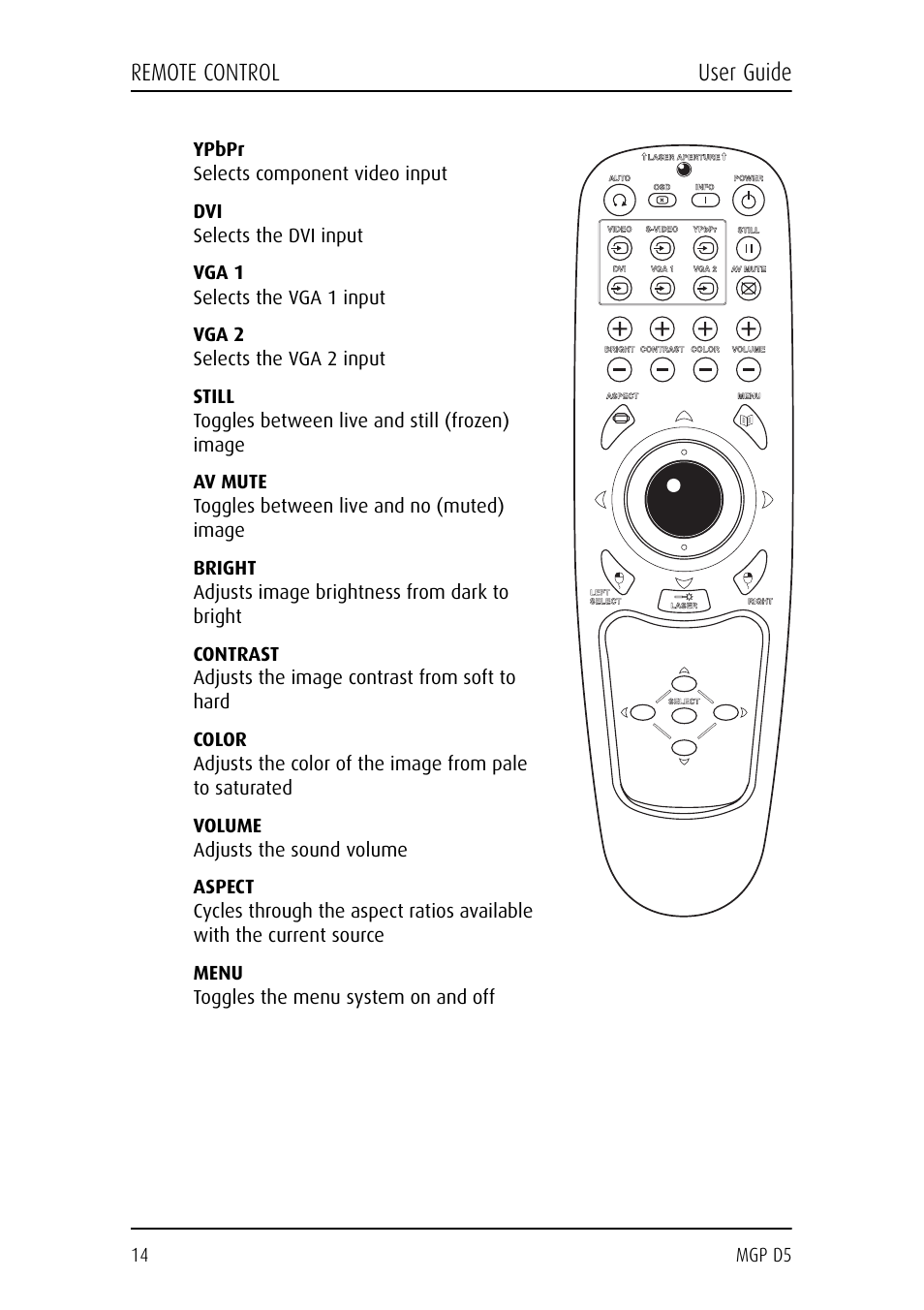 Remote control user guide | Barco MGP D5 User Manual | Page 14 / 54