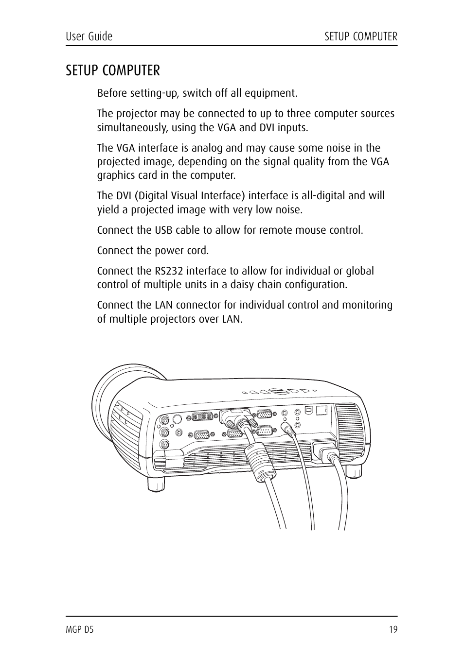 Setup computer, Before setting-up, switch off all equipment, Connect the power cord | Barco MGP D5 User Manual | Page 19 / 54