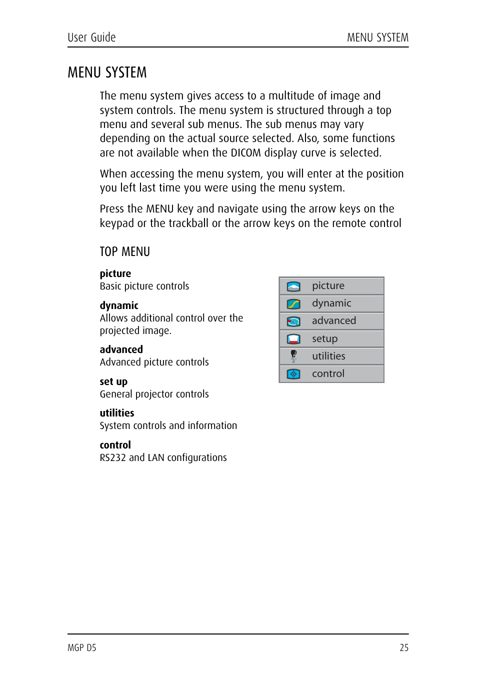 Menu system, Top menu | Barco MGP D5 User Manual | Page 25 / 54