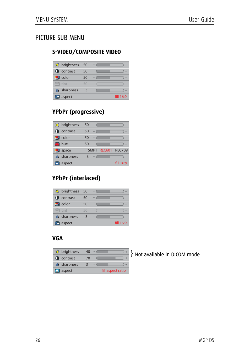 Picture sub menu, S-video/composite video, Ypbpr (progressive) | Ypbpr (interlaced), Menu system user guide, 26 mgp d5, Not available in dicom mode | Barco MGP D5 User Manual | Page 26 / 54
