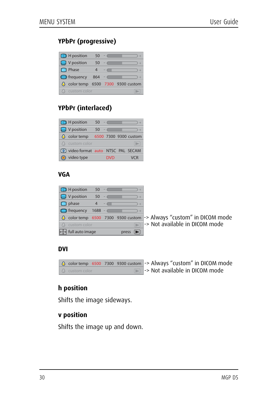 Ypbpr (progressive), Ypbpr (interlaced), H position | Shifts the image sideways, V position, Shifts the image up and down, Menu system user guide | Barco MGP D5 User Manual | Page 30 / 54