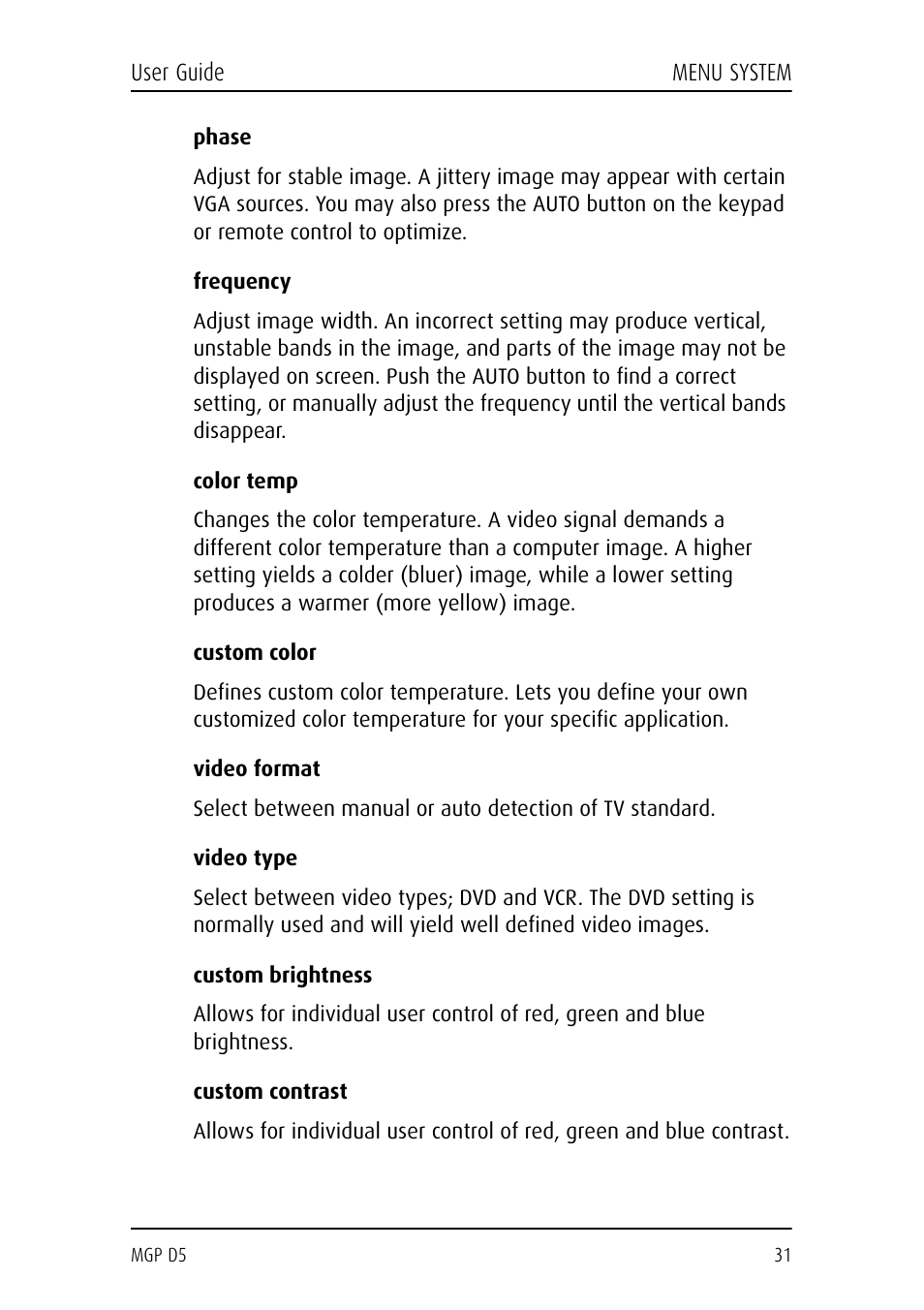 Phase, Frequency, Color temp | Custom color, Video format, Video type, Custom brightness, Custom contrast | Barco MGP D5 User Manual | Page 31 / 54