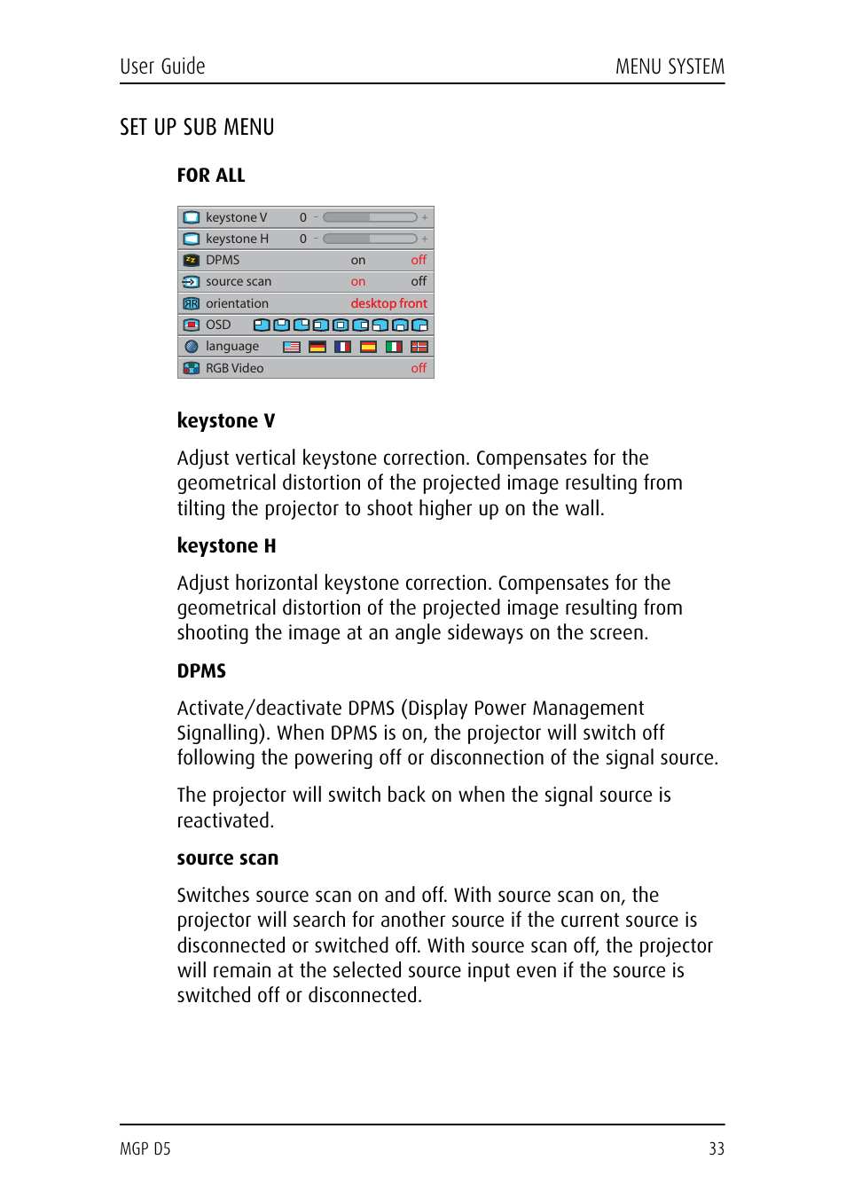 Set up sub menu, For all, Keystone v | Keystone h, Dpms, Source scan, User guide menu system | Barco MGP D5 User Manual | Page 33 / 54