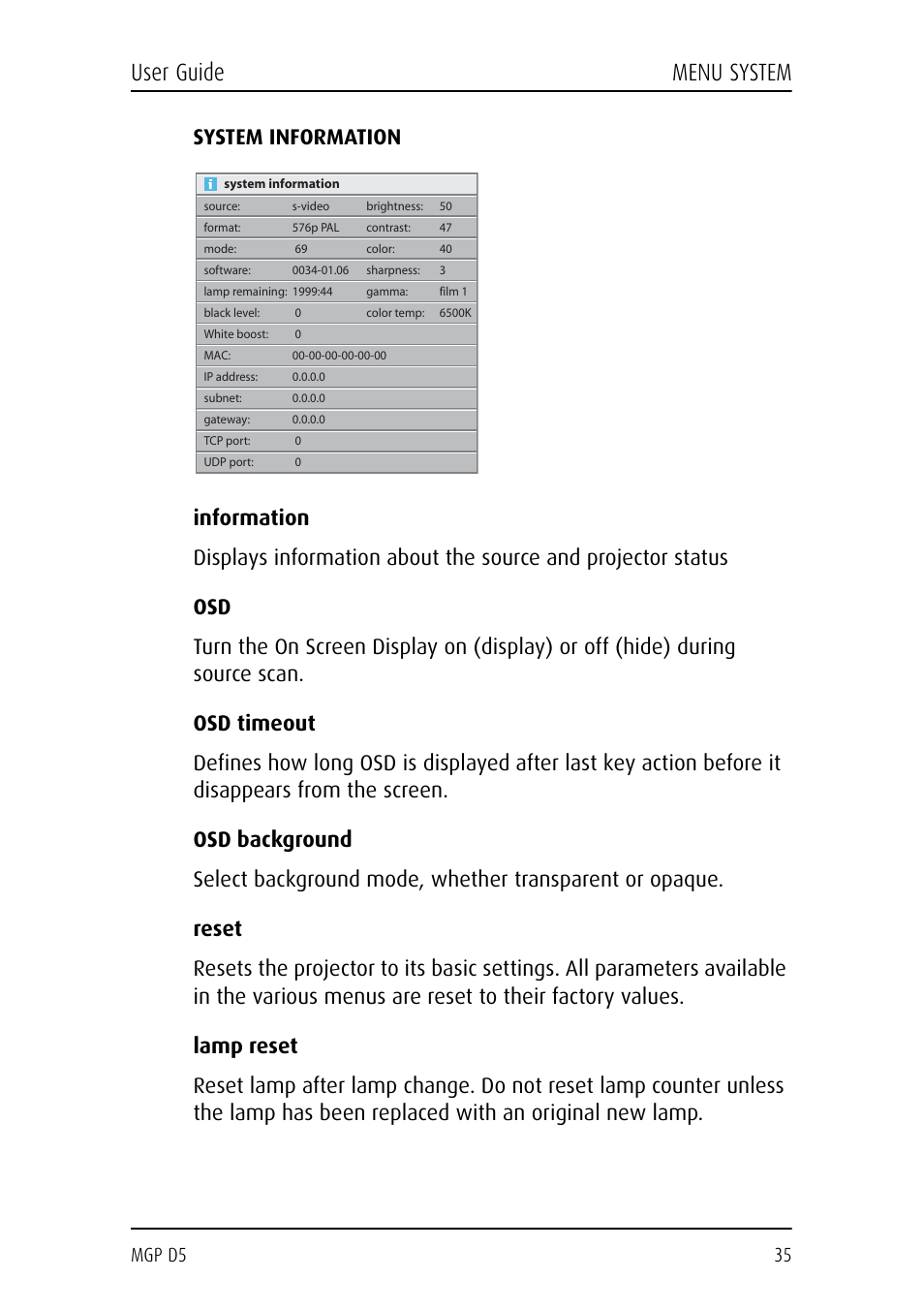 System information, Information, Osd timeout | Osd background, Reset, Lamp reset, User guide menu system, Mgp d5 35 | Barco MGP D5 User Manual | Page 35 / 54
