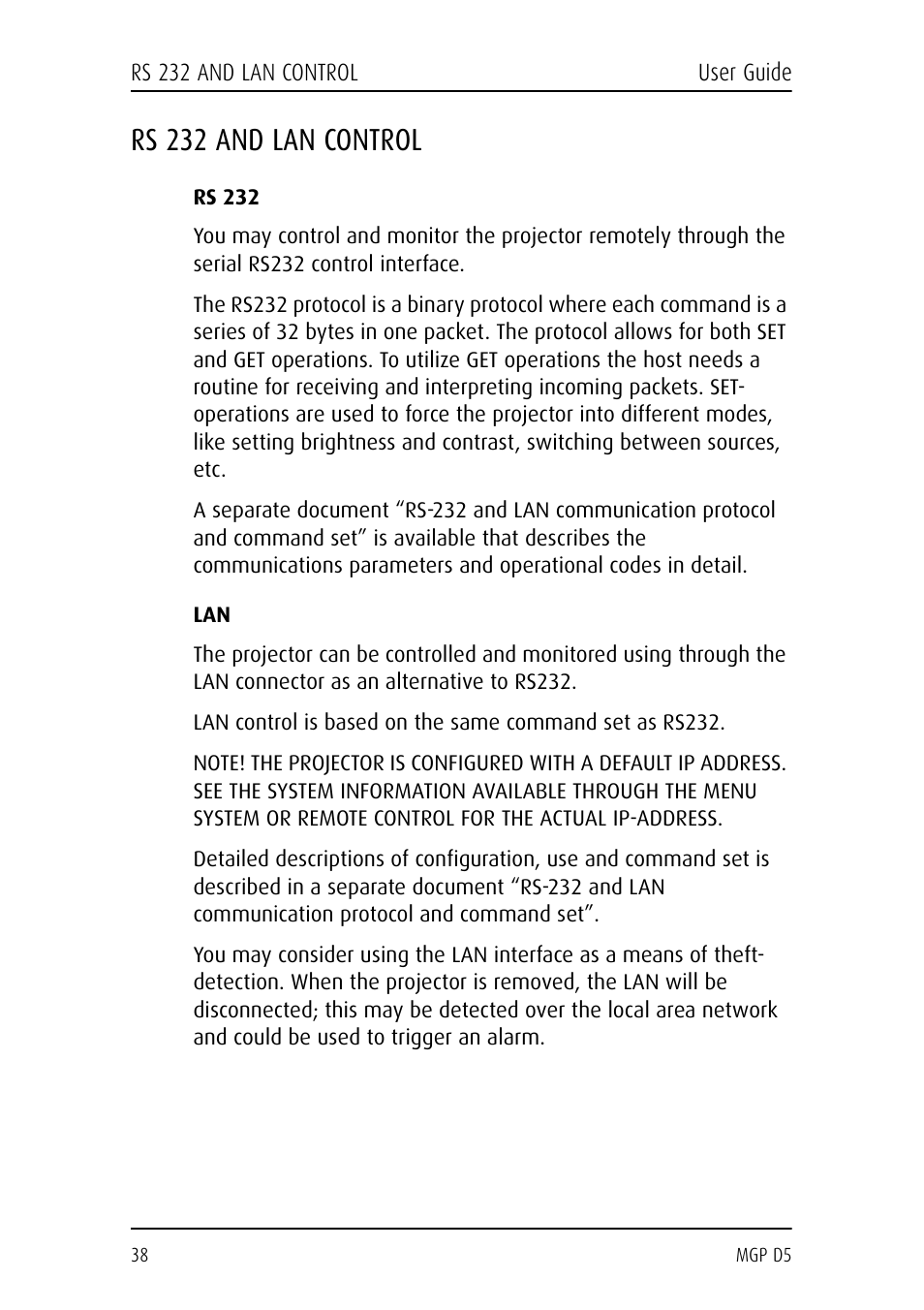 Rs 232 and lan control, Rs 232 | Barco MGP D5 User Manual | Page 38 / 54