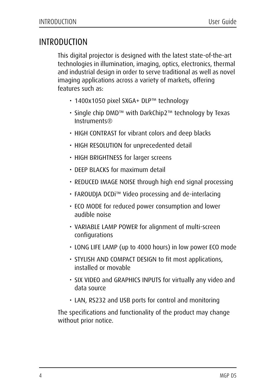 Introduction | Barco MGP D5 User Manual | Page 4 / 54