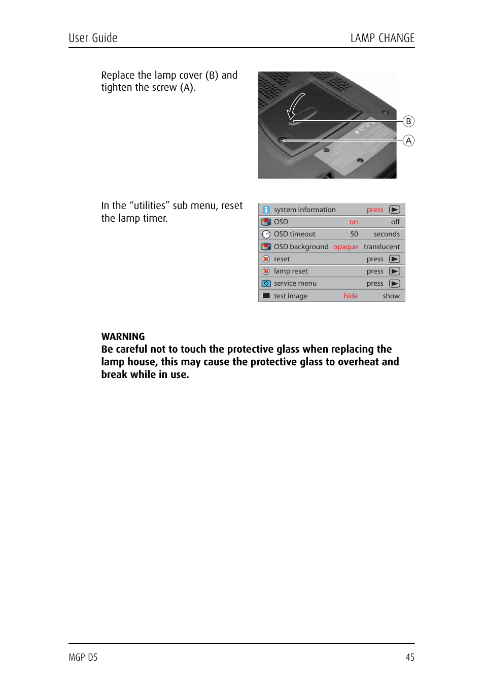 User guide lamp change | Barco MGP D5 User Manual | Page 45 / 54
