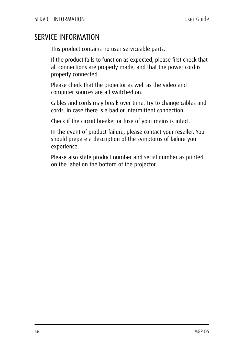 Service information, This product contains no user serviceable parts | Barco MGP D5 User Manual | Page 46 / 54