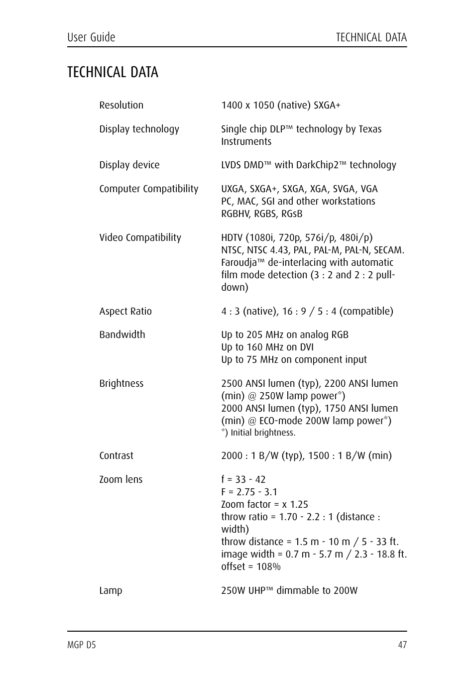 Technical data | Barco MGP D5 User Manual | Page 47 / 54