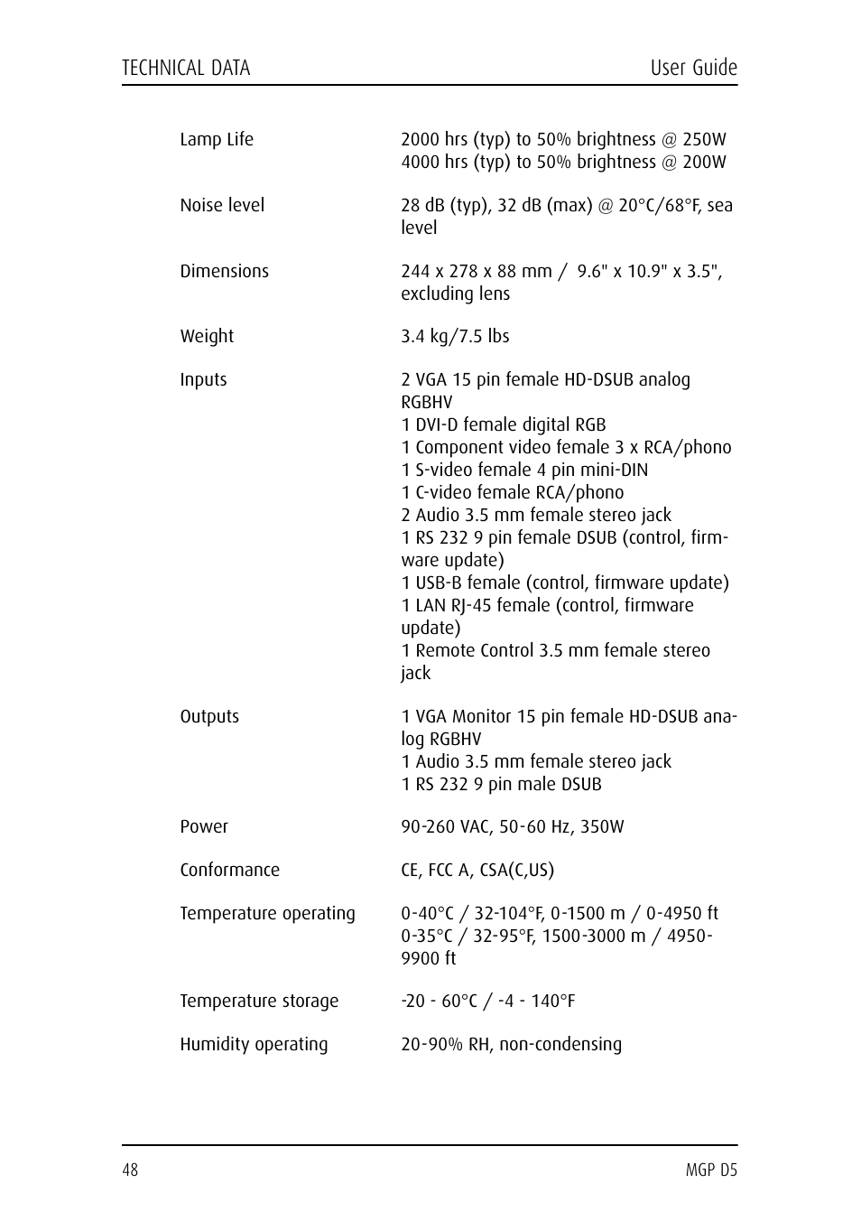 Technical data user guide | Barco MGP D5 User Manual | Page 48 / 54