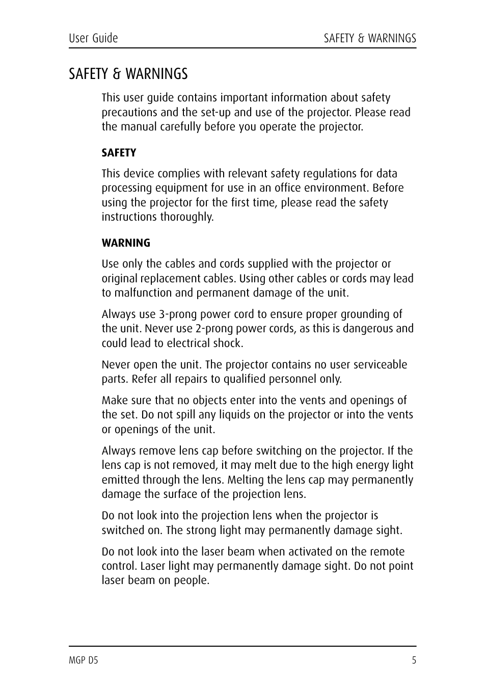 Safety & warnings, Safety, Warning | Barco MGP D5 User Manual | Page 5 / 54