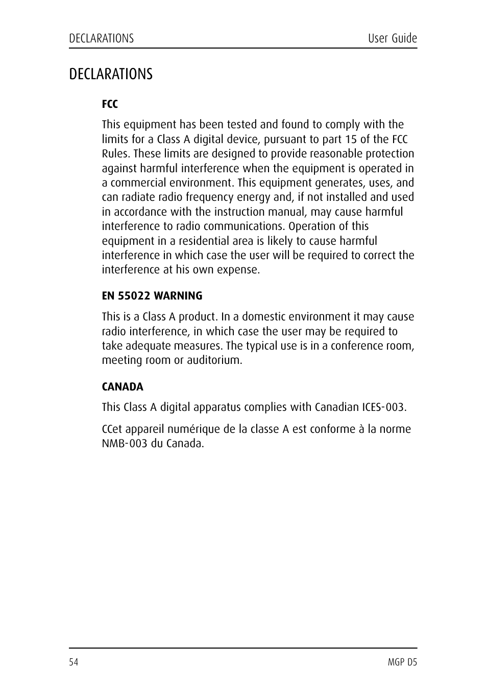 Declarations, En 55022 warning, Canada | Barco MGP D5 User Manual | Page 54 / 54