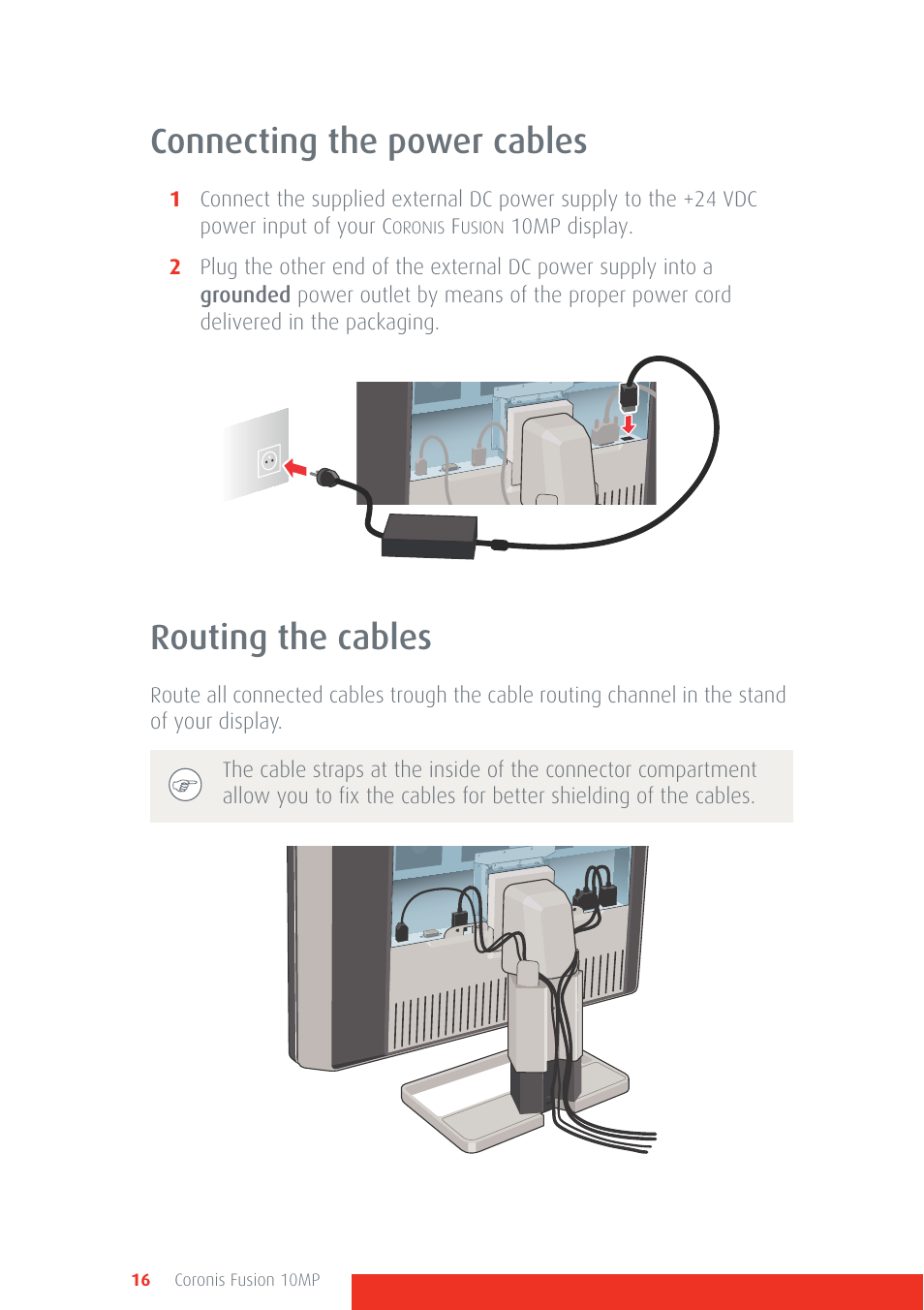 Connecting the power cables, Routing the cables, Connecting the power cables routing the cables | Barco Coronis Fusion 10MP User Manual | Page 16 / 80