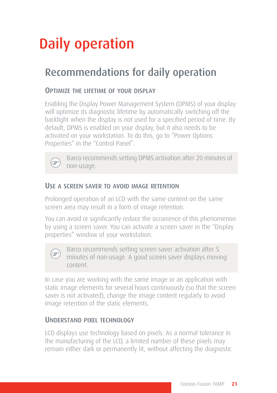 Daily operation, Recommendations for daily operation | Barco Coronis Fusion 10MP User Manual | Page 21 / 80