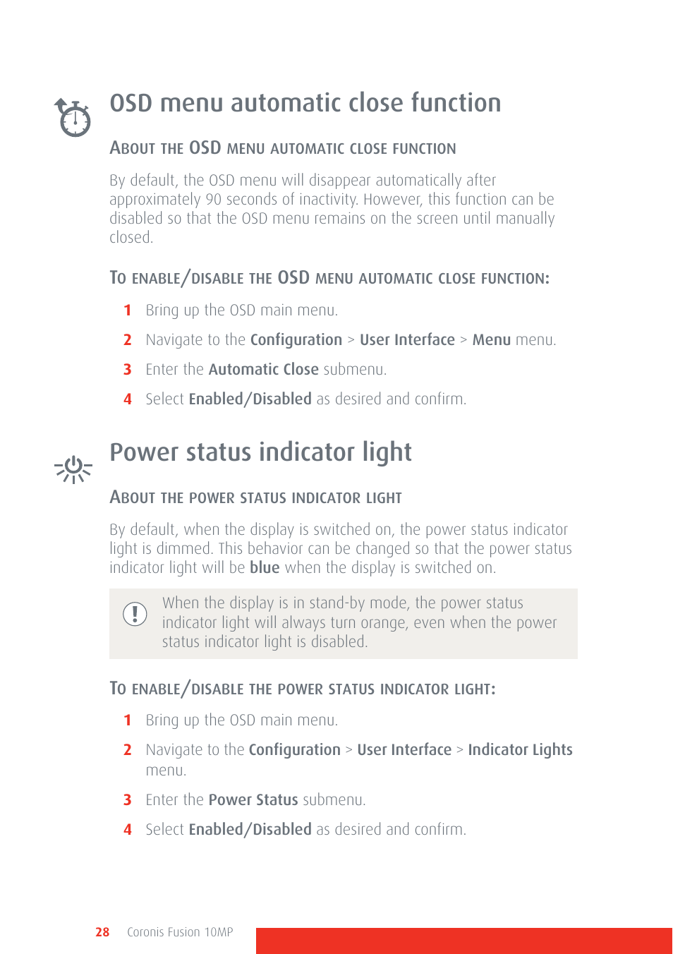 Osd menu automatic close function, Power status indicator light | Barco Coronis Fusion 10MP User Manual | Page 28 / 80