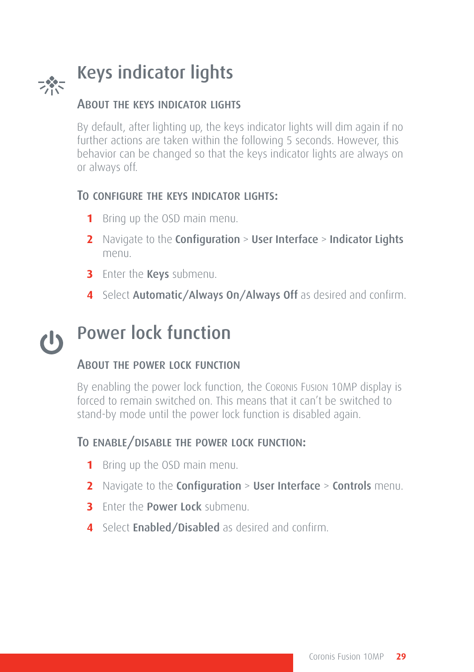 Keys indicator lights, Power lock function, Keys indicator lights power lock function | Barco Coronis Fusion 10MP User Manual | Page 29 / 80