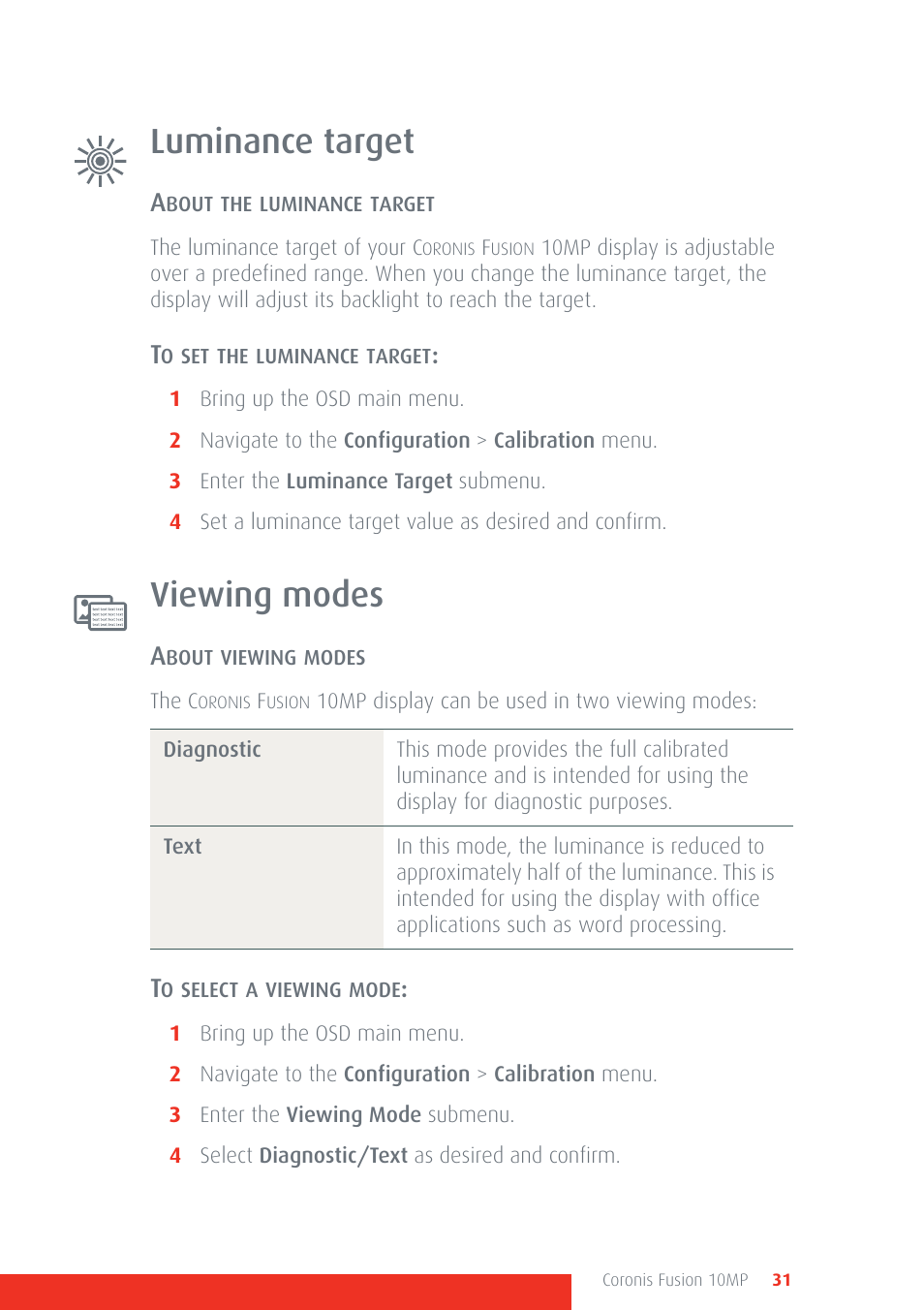 Luminance target, Viewing modes, Luminance target viewing modes | Barco Coronis Fusion 10MP User Manual | Page 31 / 80