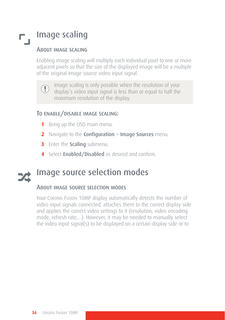 Image scaling, Image source selection modes, Image scaling image source selection modes | Barco Coronis Fusion 10MP User Manual | Page 36 / 80