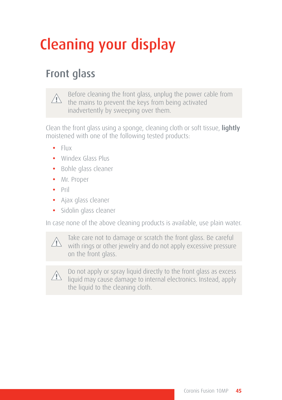Cleaning your display, Front glass | Barco Coronis Fusion 10MP User Manual | Page 45 / 80