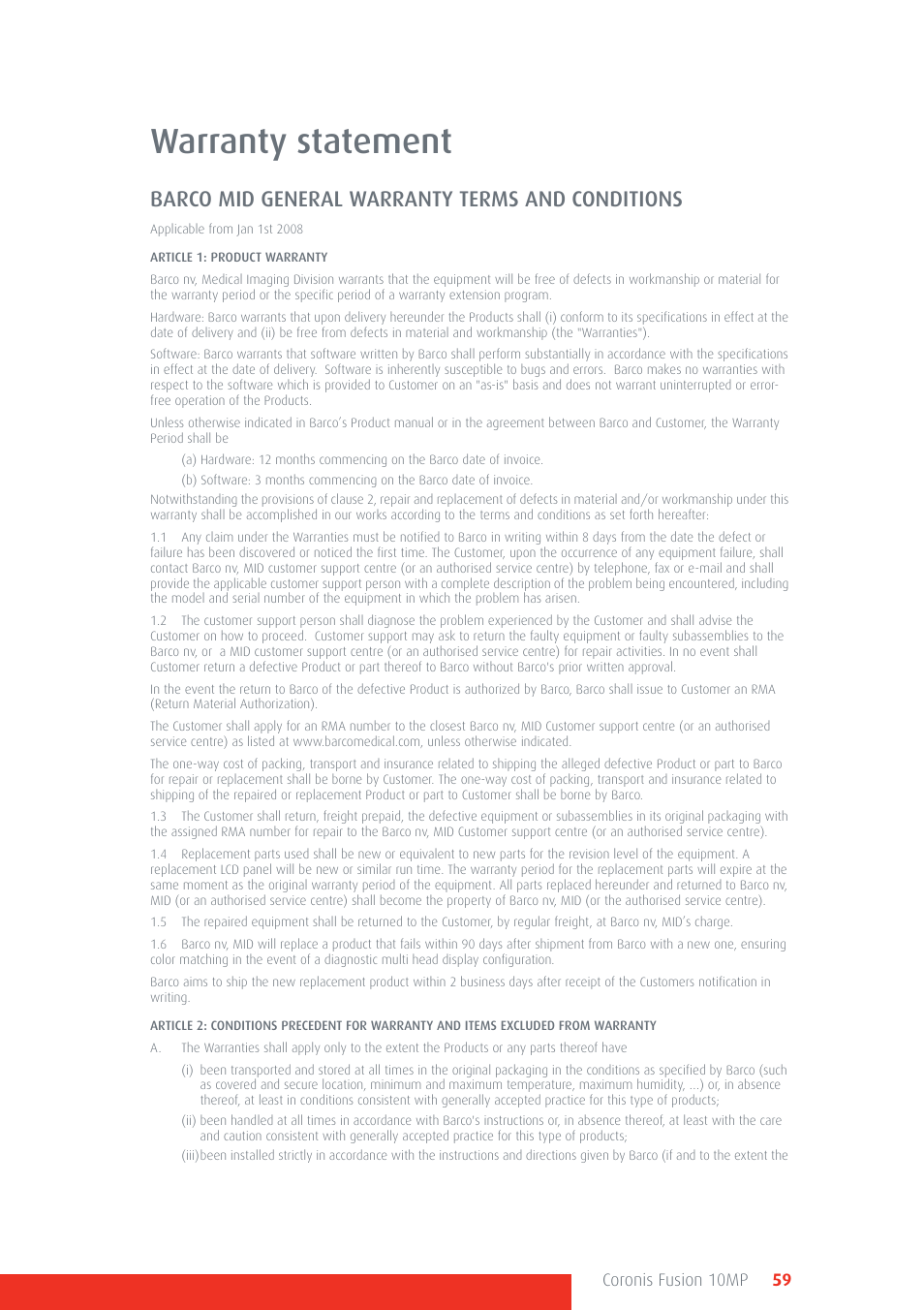 Warranty statement, Barco mid general warranty terms and conditions, Coronis fusion 10mp 59 | Barco Coronis Fusion 10MP User Manual | Page 59 / 80