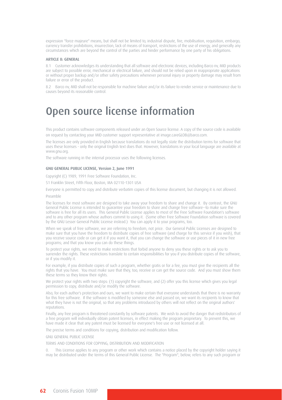 Open source license information, 62 coronis fusion 10mp | Barco Coronis Fusion 10MP User Manual | Page 62 / 80